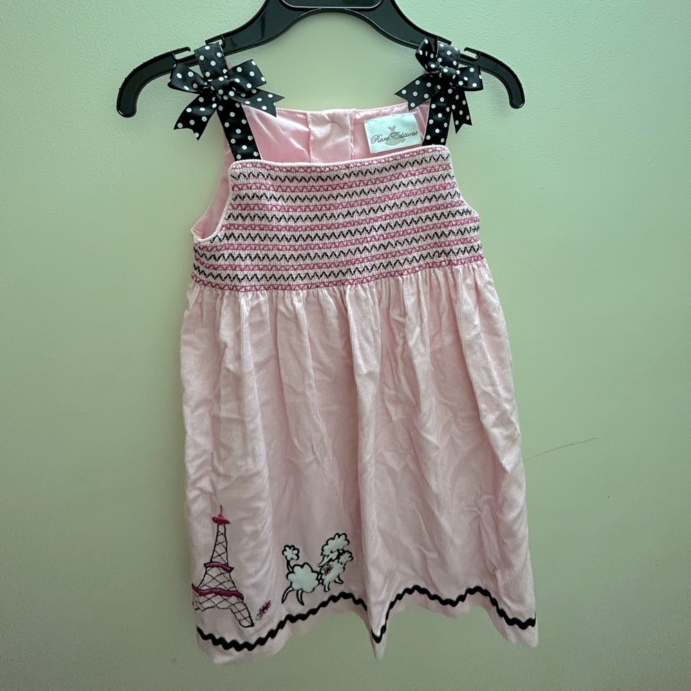 Rare Editions-Girls Pink Corduroy Jumper Dress size 6, Cute Tower with Poodle
